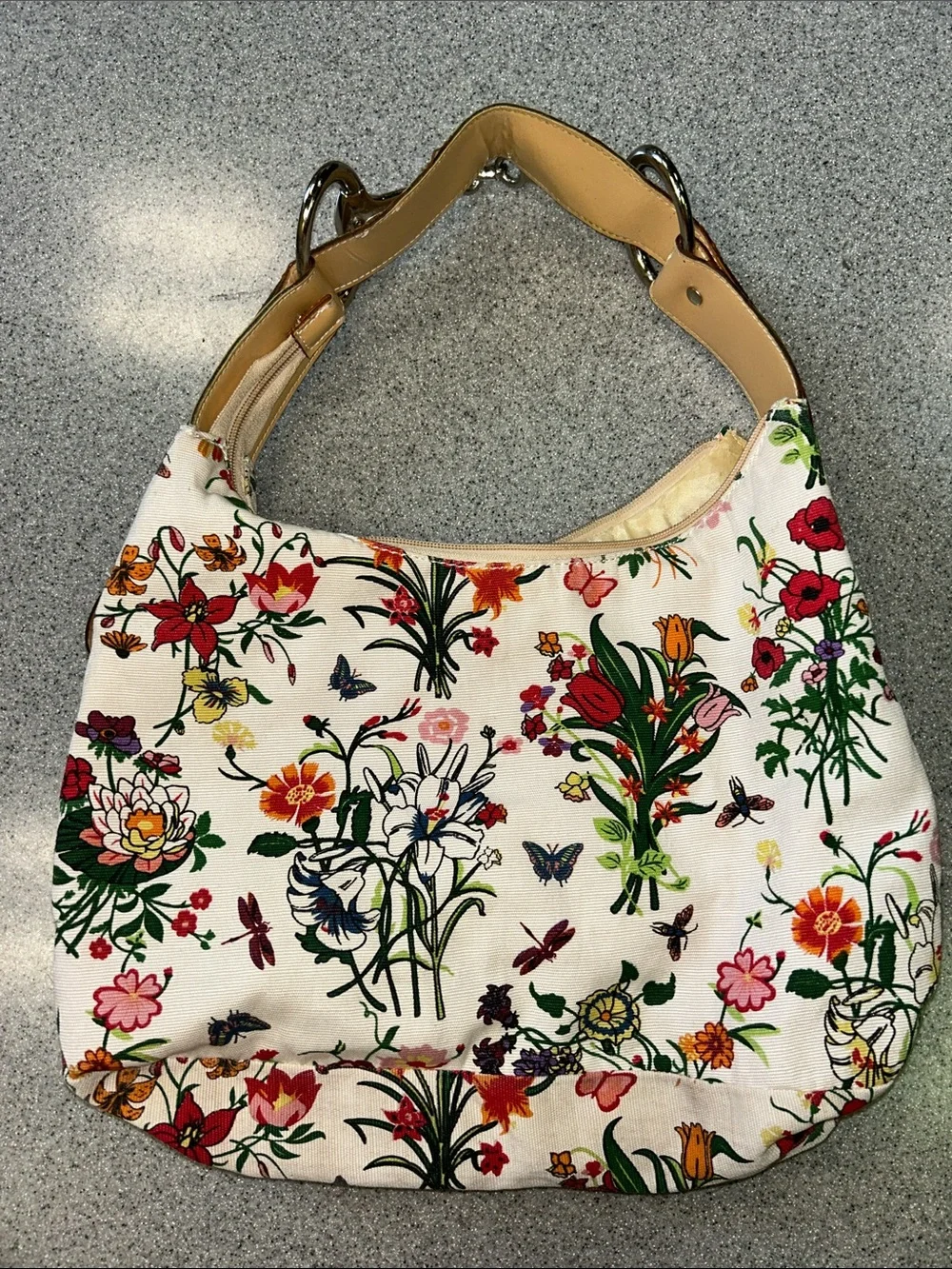 Floral Canvas Hobo Bag with Tan Handle